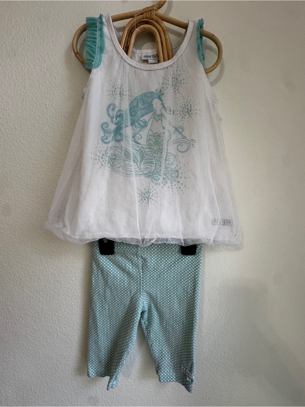 Whimsical Naartjie Mermaid Print Sheer Overlay Top in Teal on White and leggings